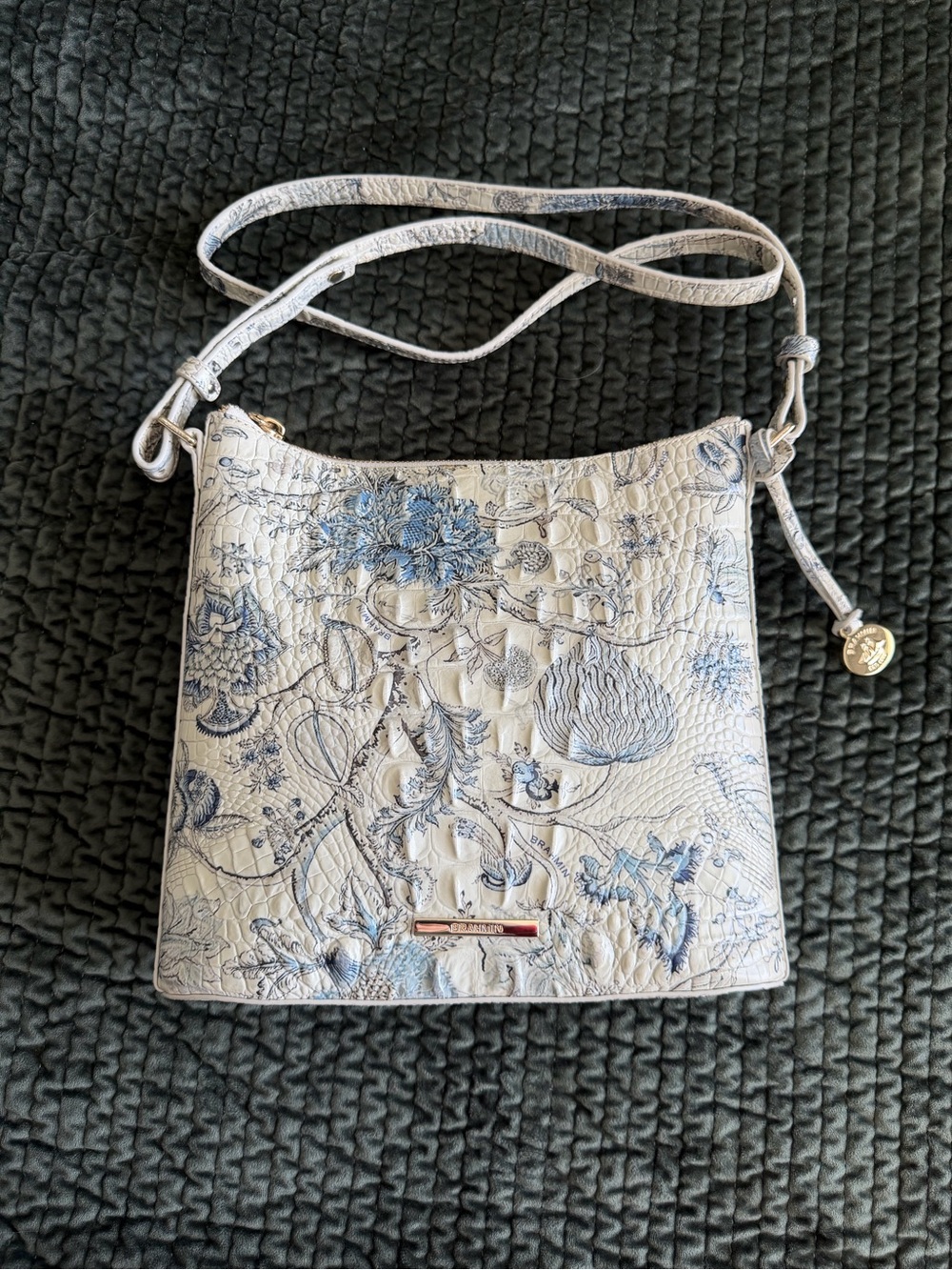 Brahmin White Floral Embossed Crossbody Bag with Blue Accents